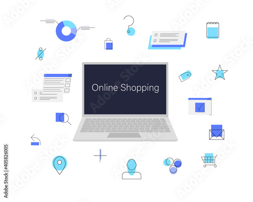 online shopping design with laptop background vector illustration cartoon flat design modern style
