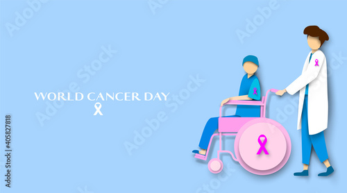 Medical doctor treating cancer patient on wheelchair. World cancer day chemotherapy concept