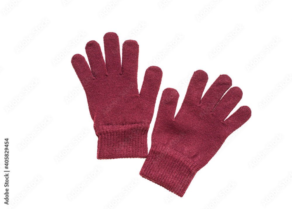 Pair of red woolen gloves isolated on white background, female accessory Pair of red woolen gloves isolated on white background, female accessory