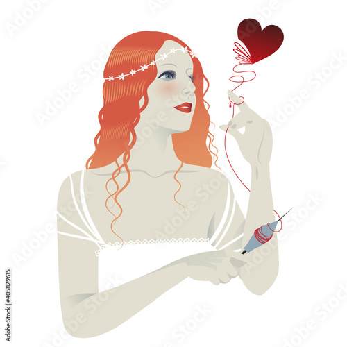 Beautiful girl with a spindle in her hand unraveling a heart isolated on white background. Vector fairy tale illustration.