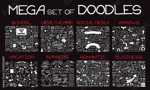 MEGA set of different doodles isolated on white background