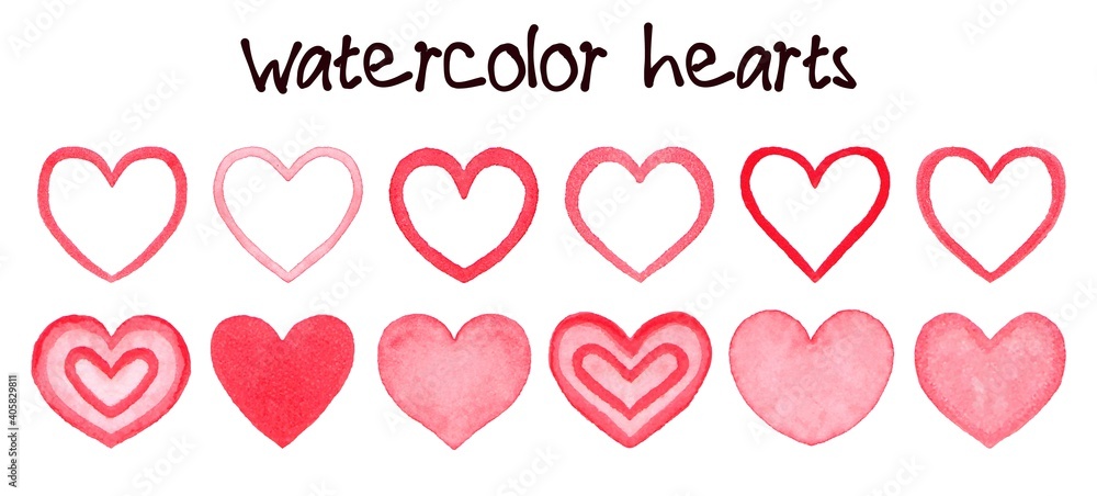 Watercolor hearts banner hand painted with water color ink