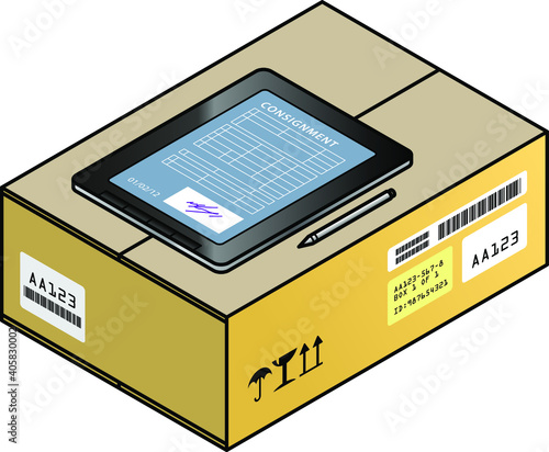 A delivery carton with a tablet computer showing an electronic consignment/delivery note.