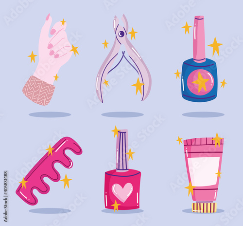 manicure icons set, tools nail polish finger separator cream and cuticle trimmer cartoon style design