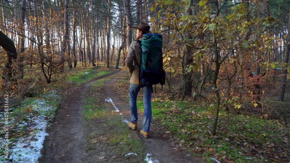 Backpacker walks along a trail in the forest. Travel concept. 4K Backpacker walks along a trail in the forest. Travel concept. 4K