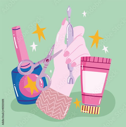 manicure, woman hand with cuticle pusher cream and varnish cartoon