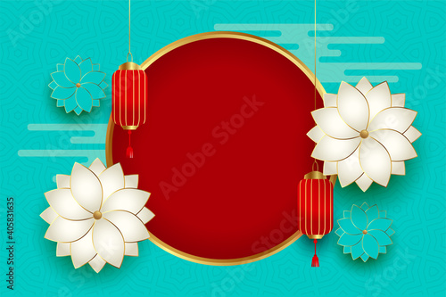 Traditional chinese lanterns with flower on blue background