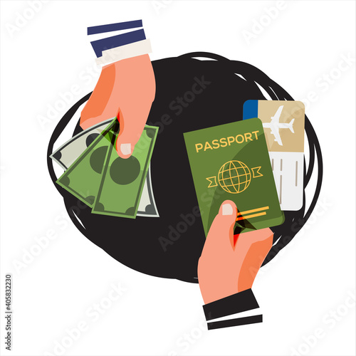 Passport and Visa Fraud. money exchange with fake passport - vector