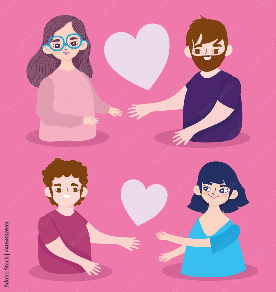 couple with love hearts romantic cartoon characters