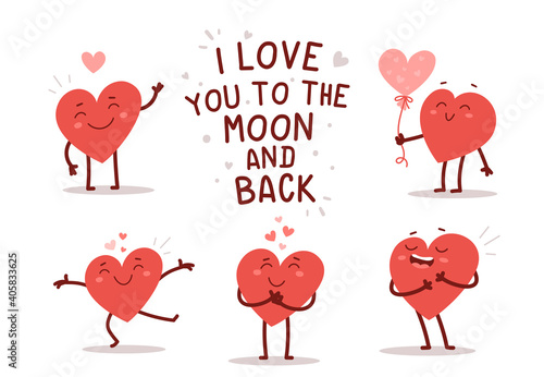 Vector set of red happy heart character in different poses with quote on white background.