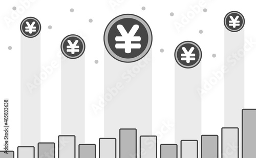 上昇する日本の通貨「円」のロゴ入りコインと棒グラフ - 白黒の¥・値上がり・円高イメージ素材