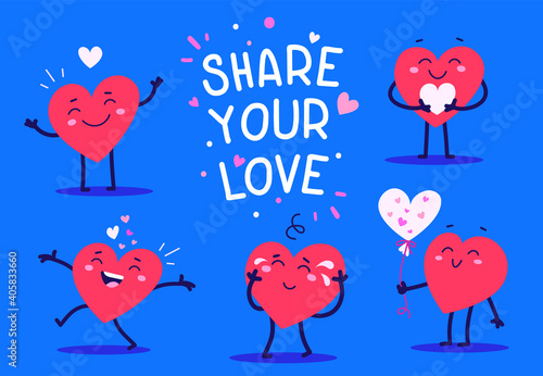 Vector set of red happy heart character in different poses with quote text on blue background.