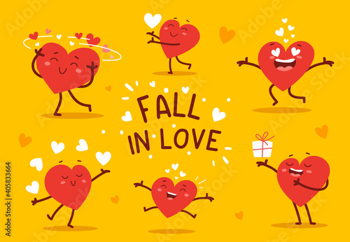 Vector set of red happy heart character in different poses with text on yellow background.