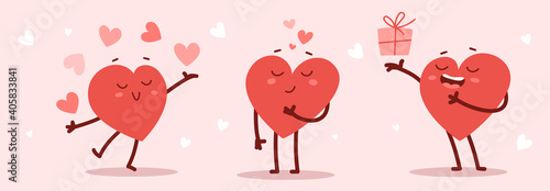 Vector set of red happy heart character in different poses on pink background.