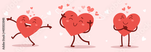 Vector set of red happy heart character in different poses on pink background with heart.