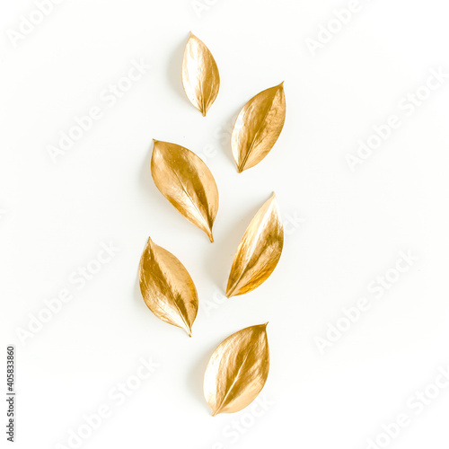 Pattern, texture with gold leaves isolated on white background. flat lay, top view