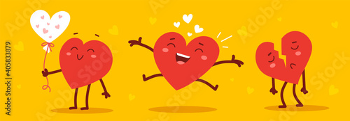Vector set of red happy and sad heart character in different poses on yellow background.