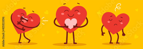 Vector set of red happy and sad heart character in different poses on yellow background with heart.