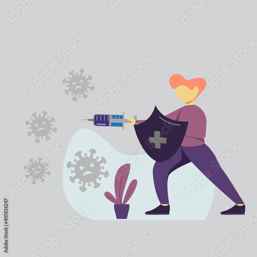 modern flat people character. illustration of a medic fighting a virus with a vaccine inject. people Fight, Defeat, Protect virus concept. corona viruses vaccine concept. ideal for websites, UI.