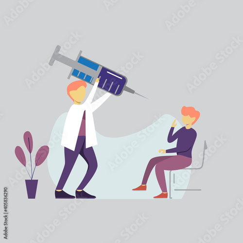 modern flat people character. The vaccinator is getting ready to vaccinate the patient, the doctor is carrying a big inject. ideal for websites, landing pages, UI, mobile applications, posters.