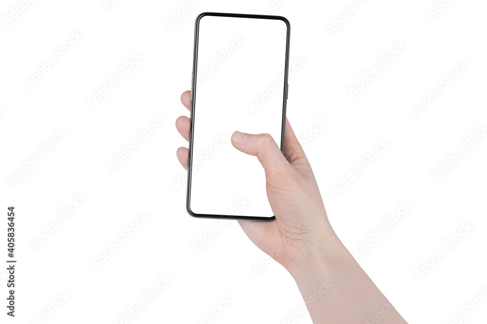 Human hand holding smartphone, finger touching blank screen on white background isolated close up, woman's hand hold mobile phone, cellphone in female hand, mockup, template, copy space for your text