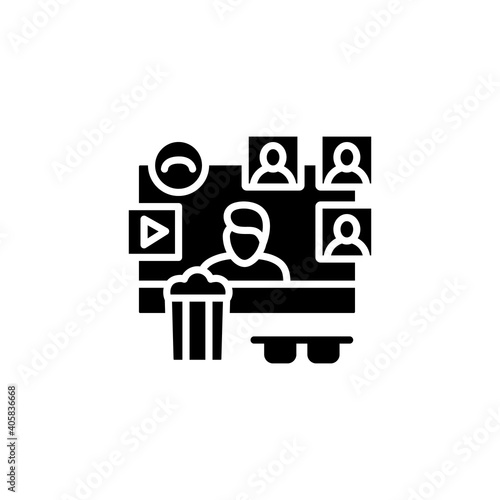 Virtual movie watching glyph icon. Meeting together concept. Internet streaming website. Live stream. Social distanced film party. Remote public event. Isolated silhouette vector illustration