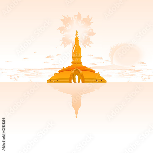 Yellow blackground pagoda among nature, river, sun light and monk with novice ,Vector