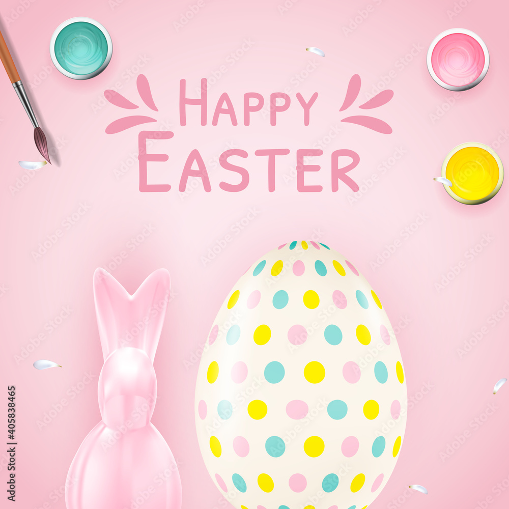 Easter poster template with 3d realistic  Easter eggs.  Template for advertising, poster, flyer, greeting card.  Vector Illustration EPS10