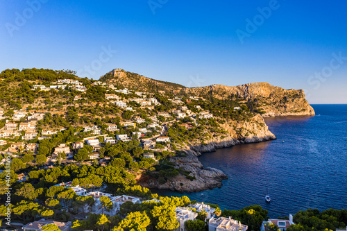 Aerial view, Andratx, Port d'Andratx, coast and natural harbor at dusk, Malloca, Balearic Islands, Spain photo