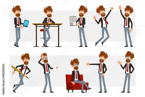 Cartoon flat funny bearded businessman character in black suit and red tie. Boy resting, jumping, showing thumbs up, peace and okay sign. Ready for animation. Isolated on gray background. Vector set.