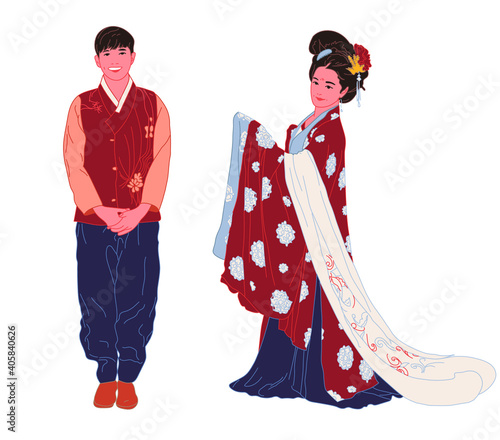 Beautiful smiling young man and girl in oriental, Asian, Chinese, national costume on a white background. Full length. Vector
