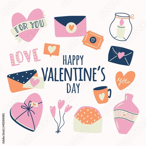 Big collection of love objects and symbols for Happy Valentine's day. Colorful flat illustration.