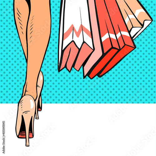 The woman goes shopping. Vector illustration of beautiful legs with heels and bags. Vector retro pop art illustration.