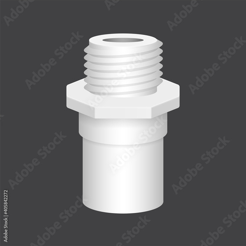 PVC or plastic pipe fitting vector icon. Adapter type consist of slip socket opening one end and male NPT thread. Part for installation in pipeline system for plumbing, drainage, vent and water supply