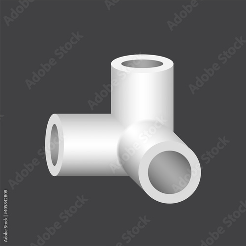 PVC plastic pipe fitting vector icon. 90 degree side outlet ell or corner fitting. Consist of slip socket opening 3 end. Part for frame or structure to build box, cube, desk, table or furniture.