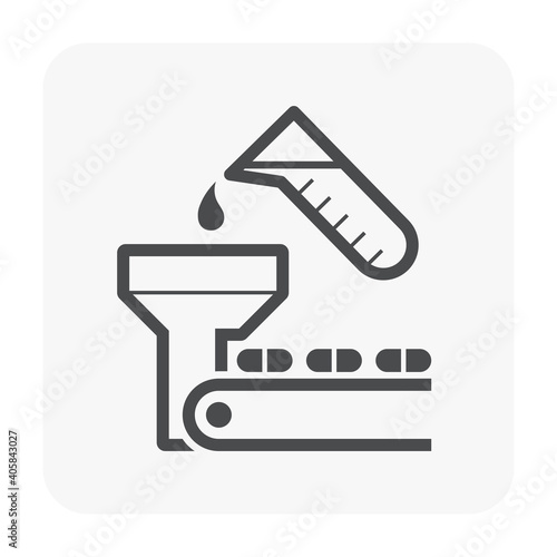 Pharmaceutical, nutraceutical, cleaning product and supplement manufacturing production industry vector icon. That industrial process. Consist of capsule product, production line, automation machine.