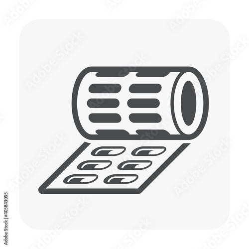Pharmaceutical and supplement manufacturing industry vector icon. Consist of tweezer filling capsule tablet product in capsule blister packing sheet. For healthy, healthcare, remedy and illness.