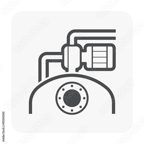 Stainless steel liquid storage tank or vessel manufacturer and electric pump vector icon. Use in factory plant for food ,chemical , pharmaceutical, dairy product and beverage production industry.