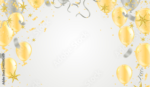 Yellow and golden baloons on the upsteirs with golden confetti isolated on  background. illustration of beautiful, candy, glossy baloons, luxury greeting rich card
