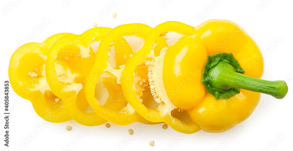 Yellow bell pepper sliced on a white background. Top view. Yellow bell pepper sliced on a white background. Top view.