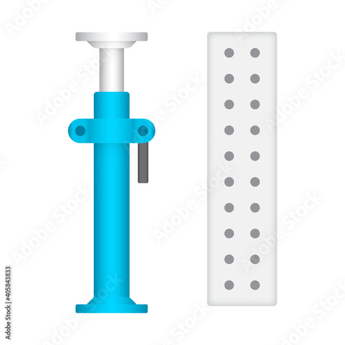 Scaffolding component icon. Consist of board decking. Also called steel plank, metal deck and catwalk for work platform and access. Include adjustable scaffolding shoring prop for temporary support.