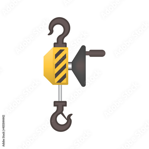 Manual chain hoist or steel chain block hoist vector icon. Lifting equipment include pulley, hook, lever, trolley, mechanical for factory, construction site, garage, workshop, warehouse and dock.