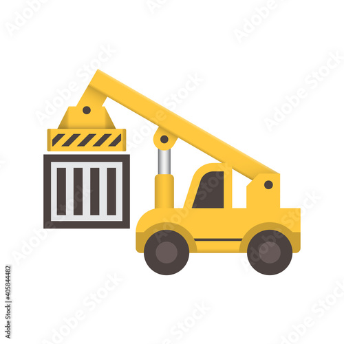 Reach stacker, cargo container vector icon. Lifting equipment for handling, move, transport, transfer, operation, delivery and loading cargo container to train or truck at yard, port, dock, terminal.