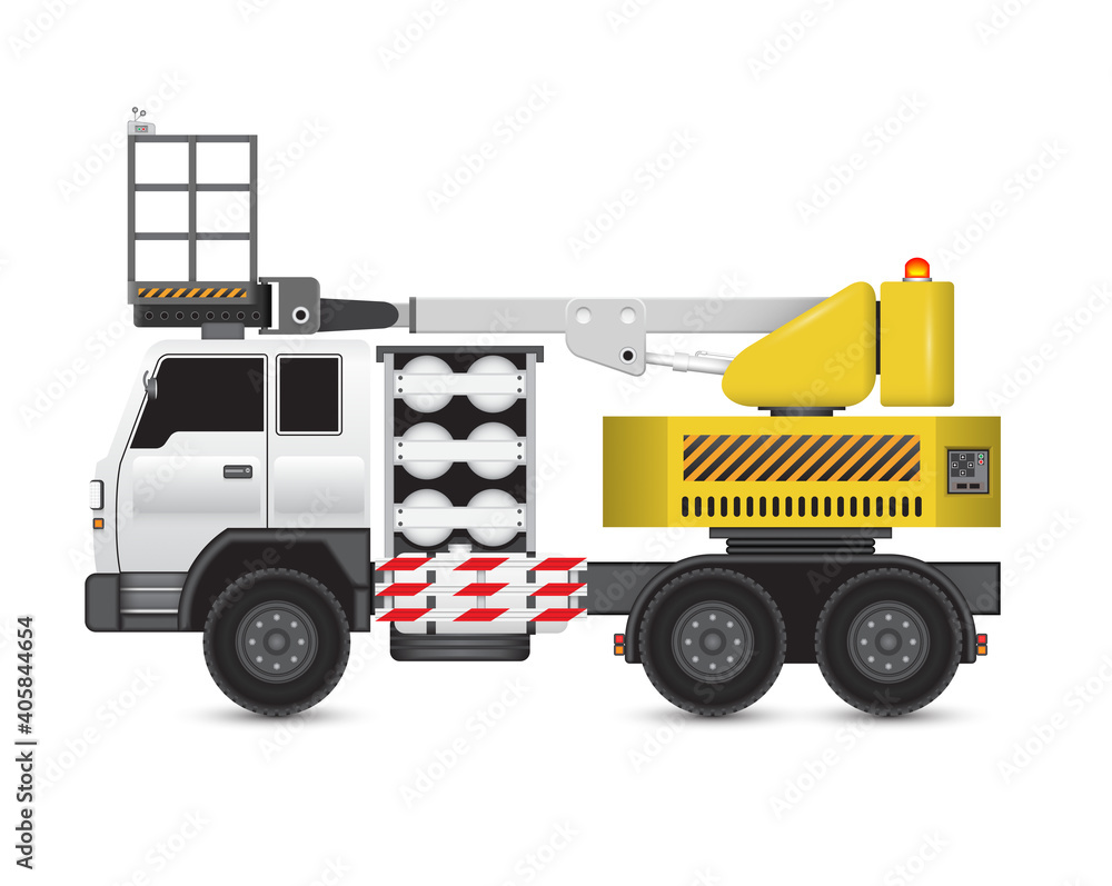 Straight telescopic boom lift or cherry picker vector design. Aerial work platform, elevator or construction machine equipment for worker working at height level. To delivery transportation by truck.