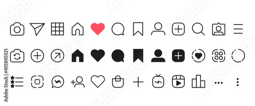 Social networking icon set. Like, comment, send, saved, statistics and other icon. Outline and black vector illustration