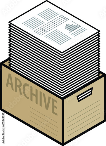 A plain cardboard archive box with a tall stack of paper.