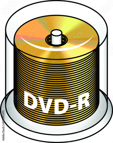 A bulk spindle of blank DVD media/discs.