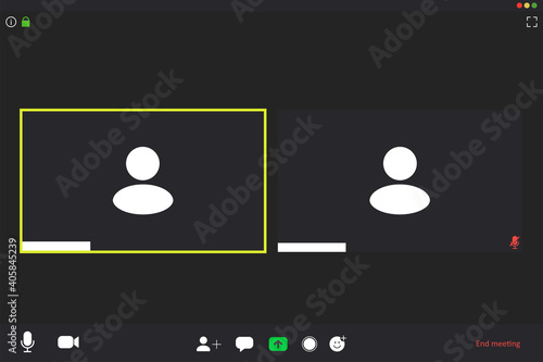 Screen video conference. Video call interface. Online meeting template. Screen of two video conference cells on a computer. Vector illustration