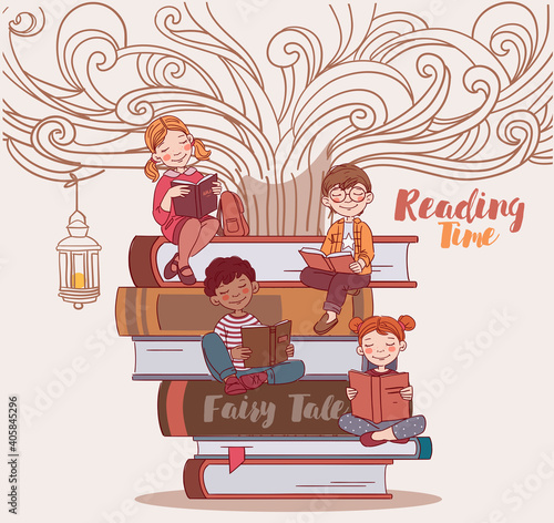 Cute kids reading books. Back to school vector concept 