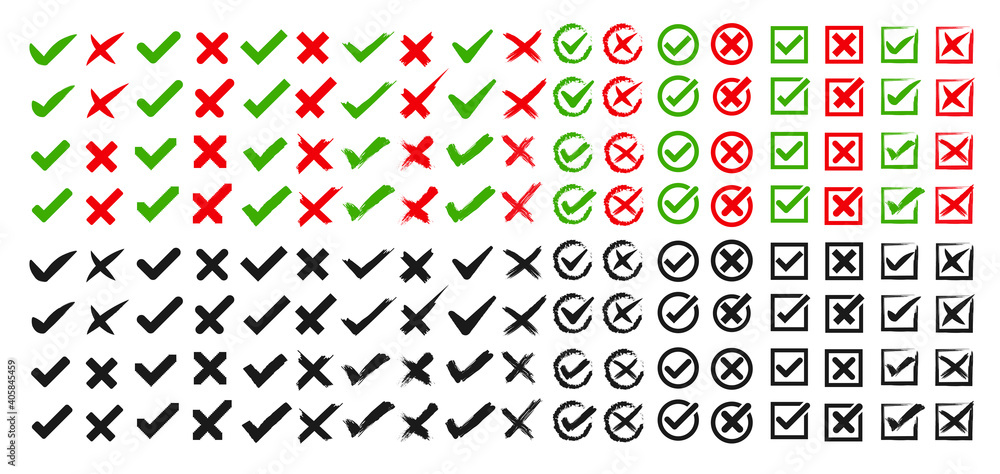 Doodle check marks and crosses. Hand drawn checkbox. Checklist marks. Ticks and crosses in circles and squares. Colours and black icon set. Vector illustration